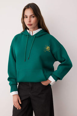 TRENDYOLMILLA Ekru Kal?n Ici Polarl? Kapusonlu Bask?l? Oversize/Genis Kal?p Orme Sweatshirt TWOAW24SW00136