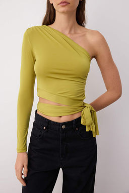 Yag Yesili Leopar Bask?l? Slim Baglama Detayl? Tek Kol Crop Esnek Orme Bluz TWOAW23BZ00094