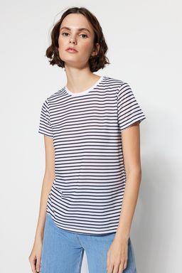 TRENDYOLMILLA Kahverengi-Bej-Haki Cizgili 3lu Paket Basic Bisiklet Yaka Orme T-Shirt TWOSS20TS0146  фото 9