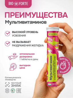 Витаминный комплекс Мультивитамины + Минералы без сахара шипучие таблетки со вкусом апельсин 20 шт. BioForte