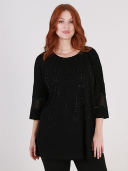 Длинная трикотажная блузка со стразами праздничная - Almond фото 2