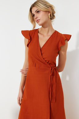 Kiremit Kruvaze F?rf?r Detayl? Keten Gorunumlu Midi Dokuma Elbise TWOSS24EL00071 - Trendyolmilla фото 3