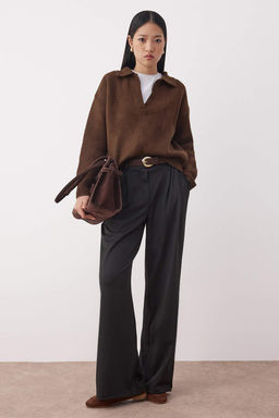 Siyah Duz Wide Leg/Genis Kesim Lastik Bel Pileli Uzun Esnek Orme Pantolon TWOAW26PL00058