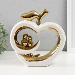 Сувенир керамика "Две птички на яблоке" белый с золотом 7х22х22,5 см