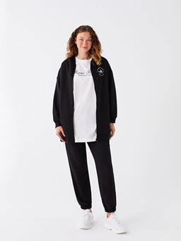 Kap??onlu Bask?l? Uzun Kollu Oversize Kad?n Fermuarl? Sweatshirt