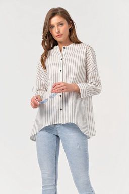 Блузка свободная на пуговицах в полоску на белом - Fly фото 4