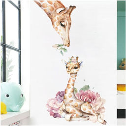 Наклейка интерьерная цветная «Жирафа с малышом в цветах», 30×90 см