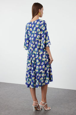 Mavi Cicekli Desenli Genis Kesim V Yaka Dokuma Elbise TWOSS24EL01029