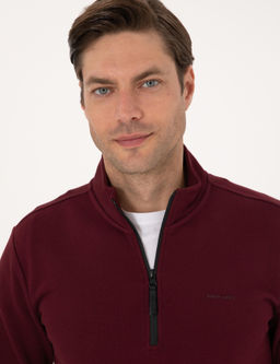 Bordo 3 _plik Regular Fit Fermuarl_ Dik Yaka Basic Sweatshirt