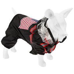 Пэт тойс (Pet toys) Одежда для собаки Комбинезон The dog face прозрачный ПВХ капюшон, с принтом, на липучке, светоотражающие полоски, р-р M, длина спинки 29см/обхват груди 48см/обхват шеи 34см, цвет-черный, плащевка (Китай)