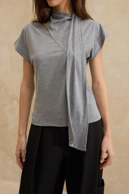 Antrasit Fitted/Vucuda Oturan Fular Yaka Uzun Kollu Tok %100 Pamuk Orme Bluz TWOSS26BZ00234 - Trendyolmilla фото 3