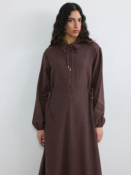 G?mlek Yaka A Kesim Keten Kar???ml? Elbise