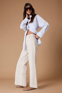 Ekru DOKUMLU Kemer Detayl? %100 Pamuk Yuksek Bel K?sa Wide Leg Jeans TWOSS26JE00208 - Trendyolmilla фото 2