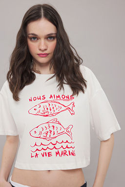 TRENDYOLMILLA Lacivert %100 Pamuk Relaxed/Rahat Kal?p Crop Bask?l? Orme T-Shirt TWOSS25TS00080  фото 9