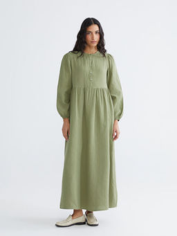 Bisiklet Yaka Balon Kollu M?slin Elbise