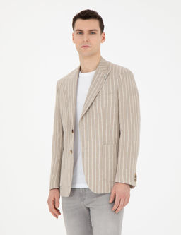 A__k Kahverengi Slim Fit Keten _izgili Ceket