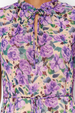 Cok Renkli Cicek Desenli A-Kesim Midi Astarl? Sifon Dokuma Elbise TWOSS23EL01840