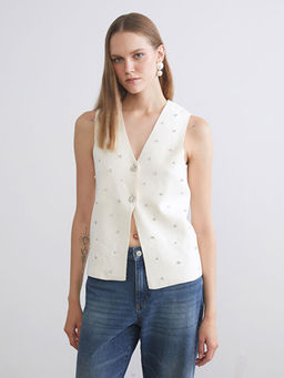 V Yaka Ta?l? Kad?n Triko Yelek