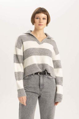 Полосатый свитер из ткани селаник с воротником-поло свободного покроя - Defacto фото 3