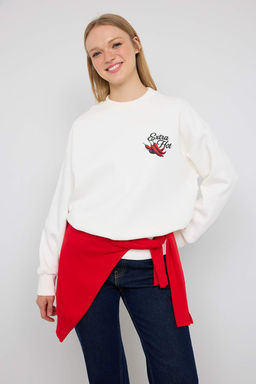 Teen Ekru Kal?n Ici Polarl? Biber Bask?l? Oversize Orme Sweatshirt TWOAW26SW00123