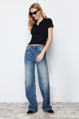 Siyah Fitilli Dikis Detayl? Polo Yaka Crop Esnek Orme Bluz TWOSS24BZ00366 - Trendyolmilla фото 2