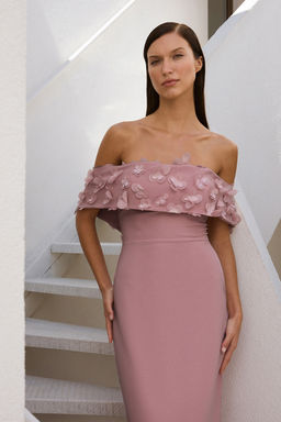 TRENDYOLMILLA Gul Kurusu Carmen Yaka Cicek Aplike Detayl? Dokuma Uzun S?k Abiye & Mezuniyet Elbise TPRSS25AE00107  фото 17