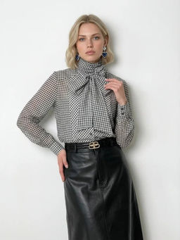 Блузка из органзы в клетку OD-984-2 коричневый с белым