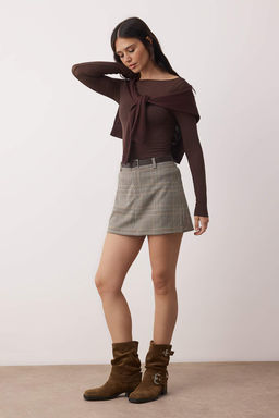 Kahverengi Kemerli Mini Ekoseli Dokuma Sort Etek TWOAW26ET00166 - Trendyolmilla фото 2