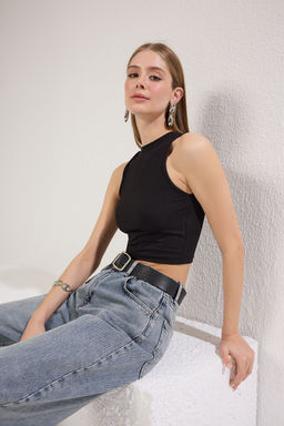 Trendyolmilla Siyah Animal Bask?l? Halter Yaka Fitted/Vucuda Oturan Crop Esnek Orme Bluz TWOSS22BZ0879  фото 6