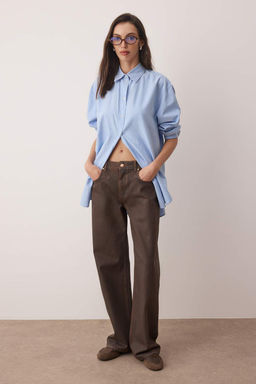 Kahverengi Normal Bel Denim Uzeri Kaplama Detayl? Deri Gorunumlu Wide Leg Jeans TWOAW26JE00117 - Trendyolmilla фото 2