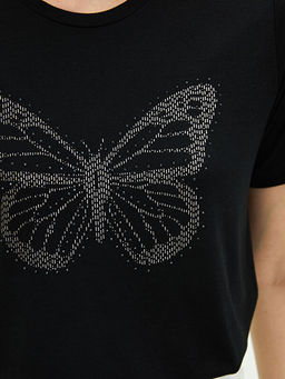 Bisiklet Yaka Ta? Bask?l? K?sa Kollu Kad?n Ti??rt - Waikiki фото 3