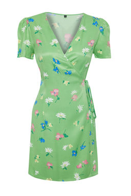 Yesil Cicekli A Kesim Derin V Yaka Saten Mini Dokuma Elbise TWOSS24EL00161