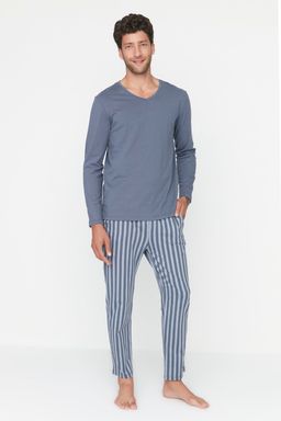 TRENDYOL MAN Ac?k Mavi Regular Fit Bask?l? Orme %100 Pamuk Pijama Tak?m? THMAW21PT0715 - Trendyolmilla фото 3