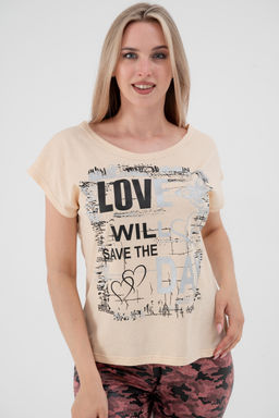 Футболка женская со спущенным плечом из кулирки Лира топленое молоко с принтом Love - Амадэль фото 5