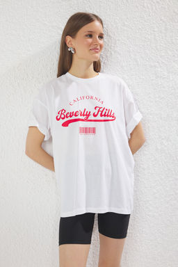 TRENDYOLMILLA Kahverengi Oversize/Genis Kal?p Bask?l? Orme T-Shirt TWOSS25TS00121  фото 2