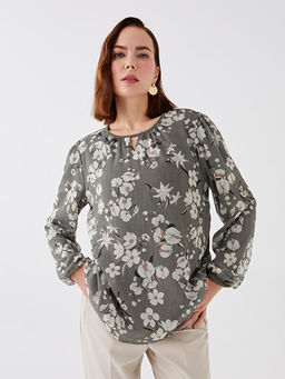 Bisiklet Yaka ?i?ekli Uzun Kollu Kad?n Bluz