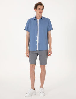 Mavi %100 Keten Regular Fit K_sa Kollu G_mlek
