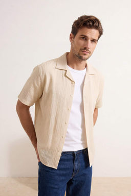 Ekru Oversize Fit Dokulu K?sa Kollu Erkek Gomlek TMNSS26GO00020 - Trendyolmilla фото 4