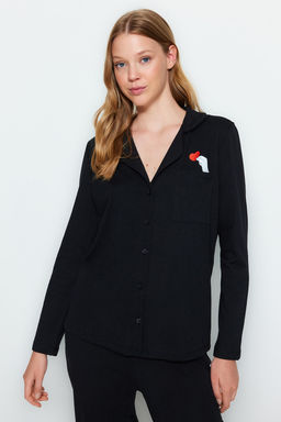 Trendyolmilla Siyah Pamuklu Kalpli Gomlek-Pantolon Orme Pijama Tak?m? THMAW24PT00008