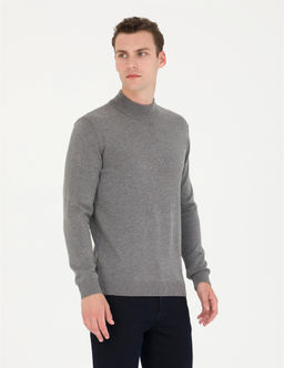 Gri Melanj Slim Fit Yar_m Bal_k__ Yaka Basic Triko Kazak