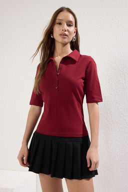 Trendyolmilla Siyah Polo Yaka Truvakar Kol Fitted/Vucuda Oturan Orme Bluz TWOSS25BZ00027