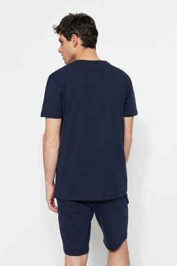 Lacivert %100 Pamuk Regular Fit Orme Yazl?k Sortlu Pijama Tak?m? THMSS21PT0965