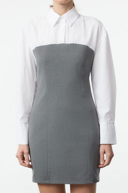 Gri Duz Bodycone Straplez Detayl? Mini Dokuma Gomlek Elbise TWOSS24EL00751