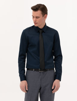 Lacivert %100 Pamuk Parlak Saten Slim Fit Uzun Kollu Basic G_mlek