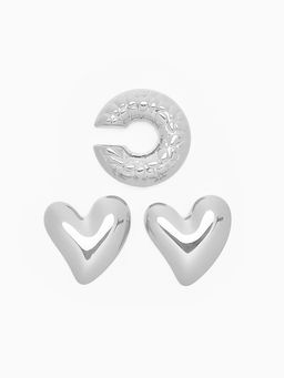 Серьги и каффы QF Сердечки, набор, бублик, цвет серебро