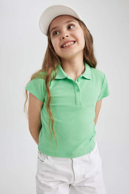 Облегающая футболка-поло в рубчик с короткими рукавами для девочек