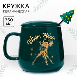 Кружка керамическая с крышкой ложкой новогодняя Winter magic, 350 мл, Бэмби