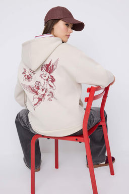 Teen Tas Kapusonlu S?rt Melek Bask?l? Kal?n Ici Polarl? Oversize Orme Sweatshirt TWOAW26SW00198