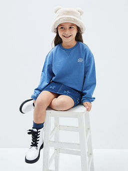 Bisiklet Yaka Bask?l? Uzun Kollu K?z ?ocuk Sweatshirt