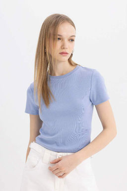 Базовая футболка классного кроя в рубчик с короткими рукавами - Defacto фото 3